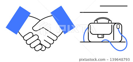 Business partnerships, professional services, teamwork, career growth, negotiation, corporate agreements. Handshake symbol and briefcase illustration. Business partnerships and professional tools Business partnerships, professional services, teamwork, career growth, negotiation, corporate agreements. Handshake symbol and briefcase illustration. Business partnerships and professional tools 139648793