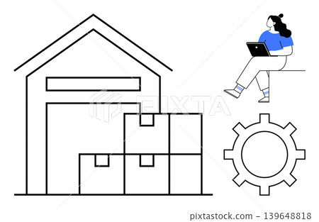 Logistics, supply chain, remote work, digital management, e-commerce, automation. Warehouse and stacked boxes, gear icon person with laptop. Logistics and supply chain concept Logistics, supply chain, remote work, digital management, e-commerce, automation. Warehouse and stacked boxes, gear icon person with laptop. Logistics and supply chain concept 139648818