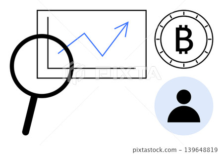 Cryptocurrency, blockchain technology, financial analysis, digital currency growth, data analysis, user trends. Blue upward trend chart, Bitcoin symbol user icon magnifying glass. Cryptocurrency Cryptocurrency, blockchain technology, financial analysis, digital currency growth, data analysis, user trends. Blue upward trend chart, Bitcoin symbol user icon magnifying glass. Cryptocurrency 139648819
