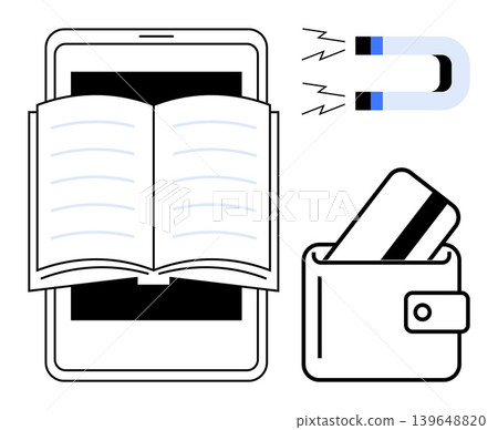 Education, e-learning, payment systems, technology, fraud prevention, physics. Open book on a tablet, wallet with a payment card and a magnet. E-learning and payment systems concept Education, e-learning, payment systems, technology, fraud prevention, physics. Open book on a tablet, wallet with a payment card and a magnet. E-learning and payment systems concept 139648820