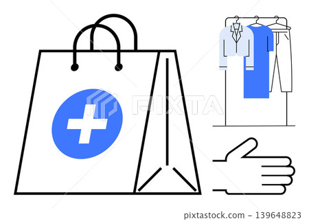Online shopping, medical retail, fashion e-commerce, delivery services, consumer goods, healthcare shopping. Shopping bag with a cross, hand gesture hanging clothes. Online shopping and medical Online shopping, medical retail, fashion e-commerce, delivery services, consumer goods, healthcare shopping. Shopping bag with a cross, hand gesture hanging clothes. Online shopping and medical 139648823