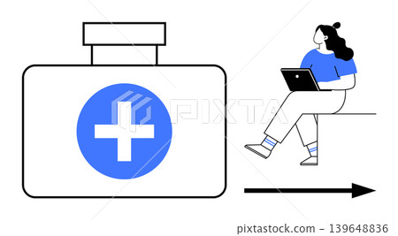Healthcare, telemedicine, remote work, digital health, online consultation, treatment access. First aid kit icon and person holding a laptop. Healthcare and telemedicine Healthcare, telemedicine, remote work, digital health, online consultation, treatment access. First aid kit icon and person holding a laptop. Healthcare and telemedicine 139648836