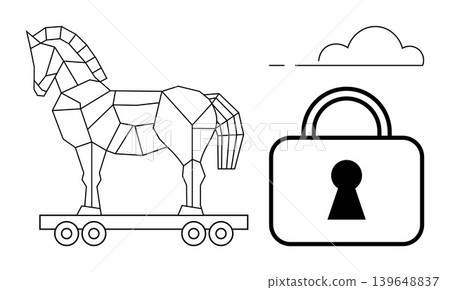 Cybersecurity, hacking, digital protection, online threats, malware, data privacy. Geometric Trojan horse, padlock with keyhole and cloud symbol. Cybersecurity and hacking concept Cybersecurity, hacking, digital protection, online threats, malware, data privacy. Geometric Trojan horse, padlock with keyhole and cloud symbol. Cybersecurity and hacking concept 139648837