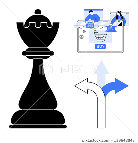 Business strategy, e-commerce growth, decision making, financial planning, digital marketing, business direction. Chess piece, shopping cart arrows pointing in two directions. Business strategy 139648842