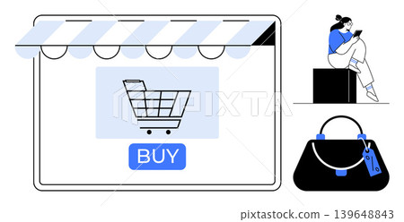 E-commerce, online retail, digital marketing, user experience, shopping platforms, brand promotion. Digital shopping cart, user sitting with phone handbag with price tag. E-commerce and online E-commerce, online retail, digital marketing, user experience, shopping platforms, brand promotion. Digital shopping cart, user sitting with phone handbag with price tag. E-commerce and online 139648843