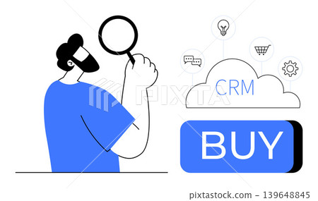 Business strategy, CRM tools, e-commerce, data analysis, buying decisions, online management. A man holds a magnifying glass near a CRM cloud and a buy button. Business strategy and CRM tools concept Business strategy, CRM tools, e-commerce, data analysis, buying decisions, online management. A man holds a magnifying glass near a CRM cloud and a buy button. Business strategy and CRM tools concept 139648845