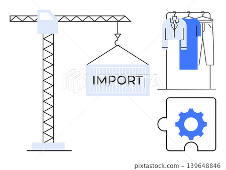 International trade, logistics, supply chain, apparel industry, automation, import-export industry. Crane lifting cargo container marked import, clothes rack gear puzzle. International trade 139648846