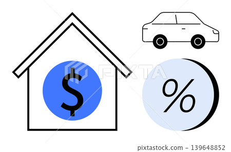 Real estate, loans, financial planning, mortgages, car loans, interest rates. House with dollar sign, car graphic and percentage symbol. Real estate and loans conceptual elements Real estate, loans, financial planning, mortgages, car loans, interest rates. House with dollar sign, car graphic and percentage symbol. Real estate and loans conceptual elements 139648852