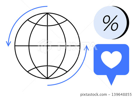 Global communication, digital networks, data analytics, social media platforms, user engagement, percentage analysis. Globe with arrows, percentage symbol and heart inside a speech bubble. Global Global communication, digital networks, data analytics, social media platforms, user engagement, percentage analysis. Globe with arrows, percentage symbol and heart inside a speech bubble. Global 139648855