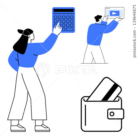 Financial planning, e-commerce, budgeting, digital content, technology, payment methods. A person using a calculator, another holding a screen and a wallet with credit cards. Financial planning 139648875
