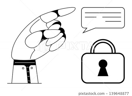 Digital security, privacy encryption, secure communication, confidentiality, identity protection, messaging. A hand pointing at a speech bubble and padlock. Digital security and privacy encryption Digital security, privacy encryption, secure communication, confidentiality, identity protection, messaging. A hand pointing at a speech bubble and padlock. Digital security and privacy encryption 139648877