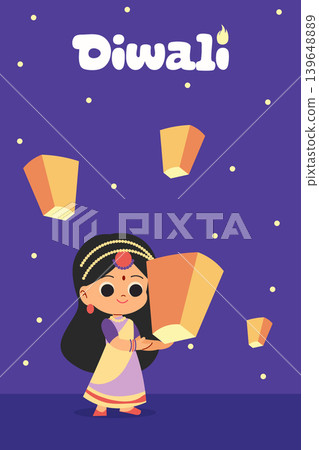 Banner Happy Diwali. cute Indian girl with Flying Lanterns. Vector Illustration. Indian festival of lights Design Banner Happy Diwali. cute Indian girl with Flying Lanterns. Vector Illustration. Indian festival of lights Design 139648889