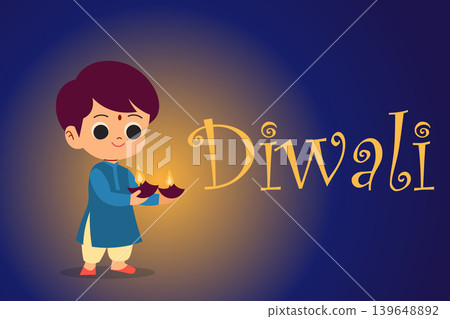cute Indian boy holds a lighted Diya oil lamp. Vector banner. Happy Diwali cute Indian boy holds a lighted Diya oil lamp. Vector banner. Happy Diwali 139648892