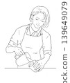 A hand-drawn style line art illustration of a female café employee pouring coffee, latte art. 139649079