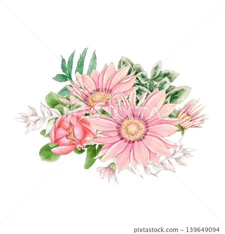 Watercolor illustration of a bouquet of delicate daisy and other flowers, hand-drawn. Watercolor illustration of a bouquet of delicate daisy and other flowers, hand-drawn. 139649094