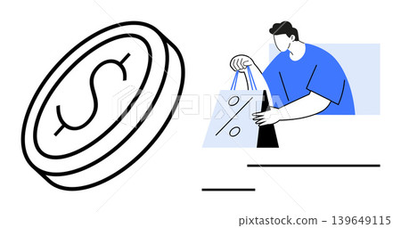 E-commerce, financial savings, retail promotions, online shopping, budget management, deals. Dollar coin and person holding a shopping bag. E-commerce and financial savings concept E-commerce, financial savings, retail promotions, online shopping, budget management, deals. Dollar coin and person holding a shopping bag. E-commerce and financial savings concept 139649115