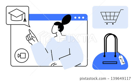 Education, e-commerce, online shopping, digital communication, modern learning, consumer trends. Person in a digital interface pointing to a graduation cap icon alongside a shopping cart and bag 139649117