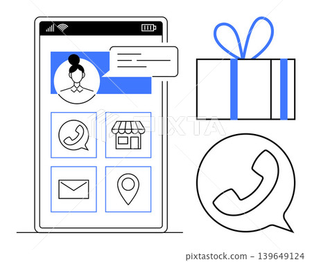 Communication tools, customer support, online shopping, delivery services, gifting, contact inquiries. Smartphone interface with icons, message bubble gift box and phone icon. Communication tools Communication tools, customer support, online shopping, delivery services, gifting, contact inquiries. Smartphone interface with icons, message bubble gift box and phone icon. Communication tools 139649124