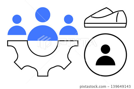 Collaboration, workflow, identity, organization, systems, design. Abstract design with people in a gear, shoe circular user icon. Collaboration and workflow visuals in a minimalist style Collaboration, workflow, identity, organization, systems, design. Abstract design with people in a gear, shoe circular user icon. Collaboration and workflow visuals in a minimalist style 139649143