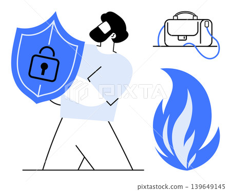 Data protection, cybersecurity, secure storage, fire safety, insurance, personal security. Man with shield and lock symbol, briefcase flame icons. Data protection and cybersecurity concept Data protection, cybersecurity, secure storage, fire safety, insurance, personal security. Man with shield and lock symbol, briefcase flame icons. Data protection and cybersecurity concept 139649145