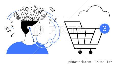 Mindfulness, creativity, online shopping, e-commerce, digital purchase, music therapy. Human head with plants and a shopping cart with a cloud. Mindfulness and creativity Mindfulness, creativity, online shopping, e-commerce, digital purchase, music therapy. Human head with plants and a shopping cart with a cloud. Mindfulness and creativity 139649156