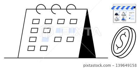E-commerce, scheduling, finance planning, online sales, retail business, productivity tools. Simplistic design a calendar, currency symbol and small storefront icon. E-commerce and scheduling E-commerce, scheduling, finance planning, online sales, retail business, productivity tools. Simplistic design a calendar, currency symbol and small storefront icon. E-commerce and scheduling 139649158