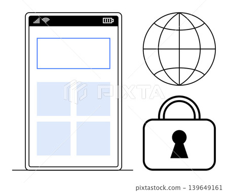 Data security, encryption, online privacy, cybersecurity, mobile communication, global networks. Minimalist smartphone layout, globe and padlock. Data security and encryption concepts Data security, encryption, online privacy, cybersecurity, mobile communication, global networks. Minimalist smartphone layout, globe and padlock. Data security and encryption concepts 139649161