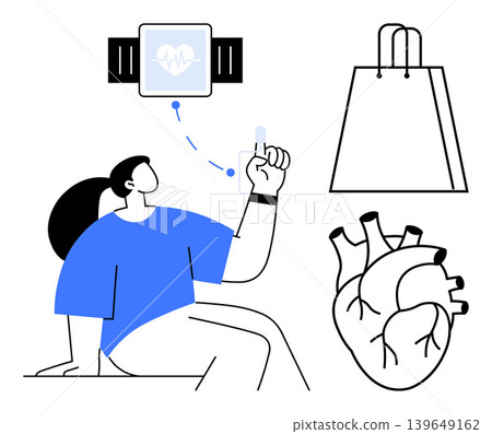 Digital health, fitness technology, e-commerce, biometric tracking, self-care, cardiology. A woman wearing a fitness tracker with a heart display, a sketched human heart and a shopping bag. Digital Digital health, fitness technology, e-commerce, biometric tracking, self-care, cardiology. A woman wearing a fitness tracker with a heart display, a sketched human heart and a shopping bag. Digital 139649162