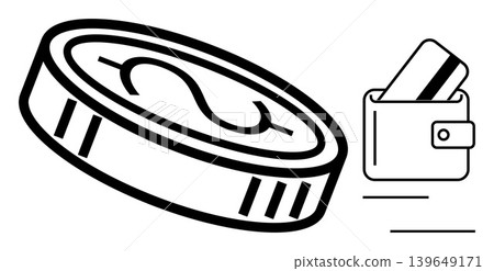 Digital payments, e-commerce, financial transactions, savings, fintech, online shopping. Coin with dollar symbol and wallet holding a credit card. Digital payments and e-commerce concept Digital payments, e-commerce, financial transactions, savings, fintech, online shopping. Coin with dollar symbol and wallet holding a credit card. Digital payments and e-commerce concept 139649171