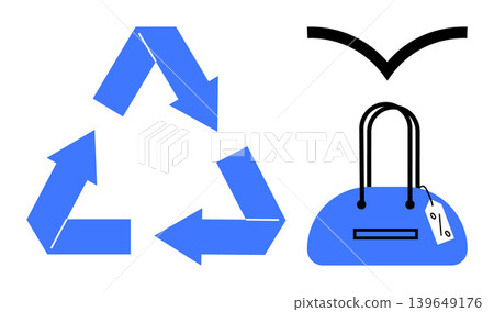 Environmental awareness, recycling efforts, sustainability, eco-commerce, consumer habits, eco-lifestyle. Blue recycling symbol beside a handbag. Recycling efforts and sustainability concept Environmental awareness, recycling efforts, sustainability, eco-commerce, consumer habits, eco-lifestyle. Blue recycling symbol beside a handbag. Recycling efforts and sustainability concept 139649176