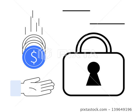 Finance, data protection, secure transactions, online banking, payment security, savings. Falling coins, open hand and padlock. Finance and secure transactions concept 139649196