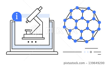 Scientific research, technology, education, molecular studies, innovation, knowledge sharing. Microscope on laptop screen beside molecular structure. Scientific research and technology concept 139649200