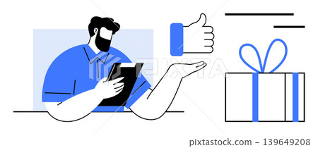 Customer satisfaction, feedback analysis, online reviews, client rewards, consumer engagement, service evaluation. Man holding clipboard, thumbs-up icon and gift box. Customer satisfaction Customer satisfaction, feedback analysis, online reviews, client rewards, consumer engagement, service evaluation. Man holding clipboard, thumbs-up icon and gift box. Customer satisfaction 139649208