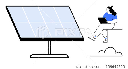 Renewable energy, work from home, sustainability, clean energy, technology, remote work. Large solar panel and person with a laptop. Renewable energy and work from home concept 139649223