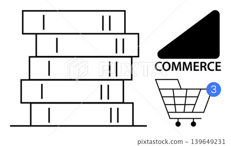 Online shopping, logistics, retail business, digital trade, product delivery, supply chain. Stacked packages and shopping cart icon. Online shopping and logistics with neat elements Online shopping, logistics, retail business, digital trade, product delivery, supply chain. Stacked packages and shopping cart icon. Online shopping and logistics with neat elements 139649231