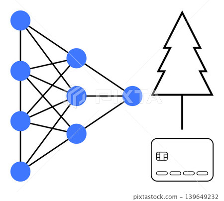 Artificial intelligence, machine learning, financial technology, sustainability, digital transactions, data networks. Neural network diagram, tree shape credit card. Artificial intelligence Artificial intelligence, machine learning, financial technology, sustainability, digital transactions, data networks. Neural network diagram, tree shape credit card. Artificial intelligence 139649232