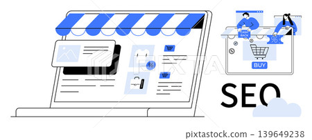 E-commerce, SEO, online shopping, digital marketing, retail, business growth. A laptop displaying an online store with shopping cart graphics. E-commerce and SEO for online retail industries E-commerce, SEO, online shopping, digital marketing, retail, business growth. A laptop displaying an online store with shopping cart graphics. E-commerce and SEO for online retail industries 139649238