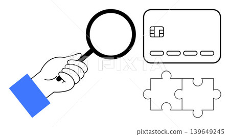 Fraud detection, financial security, data analysis, identity verification, problem-solving, transaction review. A hand holds a magnifying glass near a credit card and puzzle pieces. Fraud detection Fraud detection, financial security, data analysis, identity verification, problem-solving, transaction review. A hand holds a magnifying glass near a credit card and puzzle pieces. Fraud detection 139649245