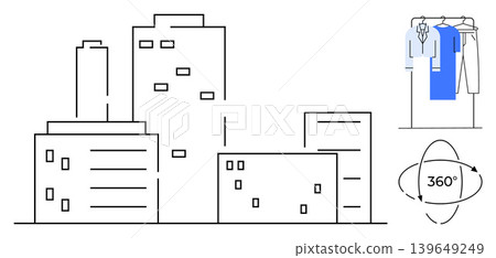 Urban planning, sustainable fashion, e-commerce, online shopping, retail marketing, technology. Outline of buildings, clothes rack and 360-degree icon. Urban planning and sustainable fashion Urban planning, sustainable fashion, e-commerce, online shopping, retail marketing, technology. Outline of buildings, clothes rack and 360-degree icon. Urban planning and sustainable fashion 139649249