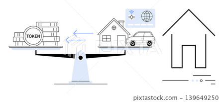 Blockchain, real estate, cryptocurrency, tokenization, property management, digital economy. A scale balancing tokens and property assets. Blockchain and real estate digitalization concept Blockchain, real estate, cryptocurrency, tokenization, property management, digital economy. A scale balancing tokens and property assets. Blockchain and real estate digitalization concept 139649250