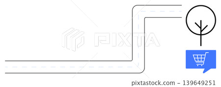 E-commerce, sustainability, eco-friendly shopping, delivery route, online marketplaces, retail navigation. Minimalist design showing a roadway path, tree and shopping cart icon. E-commerce E-commerce, sustainability, eco-friendly shopping, delivery route, online marketplaces, retail navigation. Minimalist design showing a roadway path, tree and shopping cart icon. E-commerce 139649251