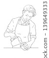 A hand-drawn style line art illustration of a male cafe worker pouring coffee, latte art. 139649333