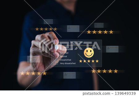 Customer satisfaction survey and five star feedback concept. User selecting very satisfied option on interface with smile emoji, service quality review, client experience, loyalty, online rating, 139649339