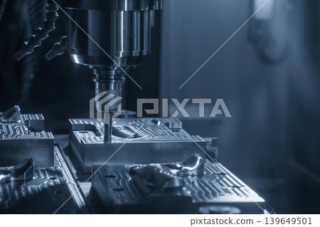 Heavy-duty rough cutting process on mold parts using a CNC milling machine with a high-performance indexable tool. 139649501