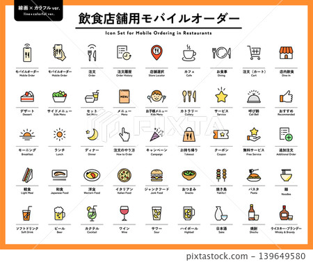 Icon set for mobile ordering in restaurants and cafes; smartphone, order, pictograms. Icon set for mobile ordering in restaurants and cafes; smartphone, order, pictograms. 139649580