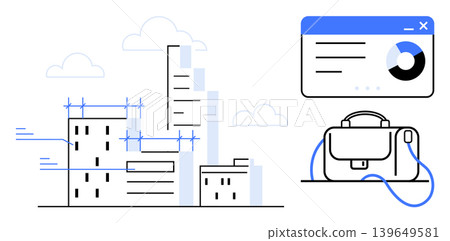 Urban development, architecture design, business analytics, project management, data visualization, city planning. buildings under construction, a briefcase and a data chart. Urban planning Urban development, architecture design, business analytics, project management, data visualization, city planning. buildings under construction, a briefcase and a data chart. Urban planning 139649581