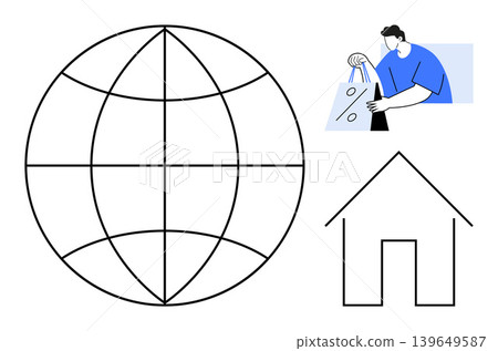 E-commerce, online shopping, delivery services, globalization, logistics, home retail. Stylized globe, shopper holding a bag house icon. E-commerce and online shopping concept E-commerce, online shopping, delivery services, globalization, logistics, home retail. Stylized globe, shopper holding a bag house icon. E-commerce and online shopping concept 139649587