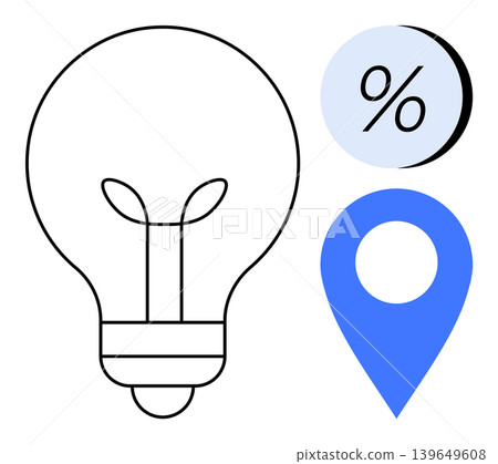 Innovation, business, analytics, location services, creativity, data . Lightbulb outline next to a percentage symbol and map pin. Innovation and business concept for growth and insights Innovation, business, analytics, location services, creativity, data . Lightbulb outline next to a percentage symbol and map pin. Innovation and business concept for growth and insights 139649608