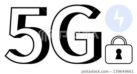 Wireless communication, innovation, connectivity, data security, speed, and encryption. Bold 5G text with a lock and lightning bolt icon. Connectivity and data security concept Wireless communication, innovation, connectivity, data security, speed, and encryption. Bold 5G text with a lock and lightning bolt icon. Connectivity and data security concept 139649661