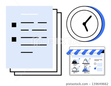 Business tools, productivity, scheduling, e-commerce, time tracking, digital workflows. Papers, clock and online store interface. s business tools and productivity management Business tools, productivity, scheduling, e-commerce, time tracking, digital workflows. Papers, clock and online store interface. s business tools and productivity management 139649662